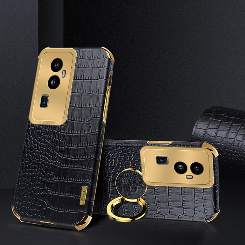 For Oppo Reno10 Pro+ 5G Crocodile Texture Ring Kickstand Phone Case 6D Electroplated Leather+TPU Cover
