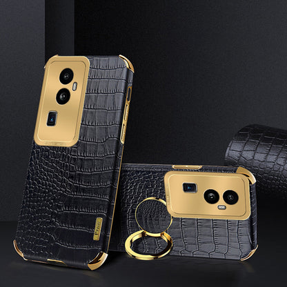 For Oppo Reno10 Pro+ 5G Crocodile Texture Ring Kickstand Phone Case 6D Electroplated Leather+TPU Cover