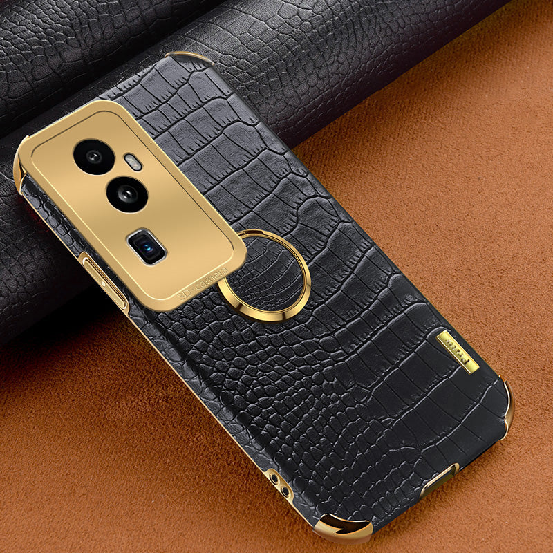 For Oppo Reno10 Pro+ 5G Crocodile Texture Ring Kickstand Phone Case 6D Electroplated Leather+TPU Cover