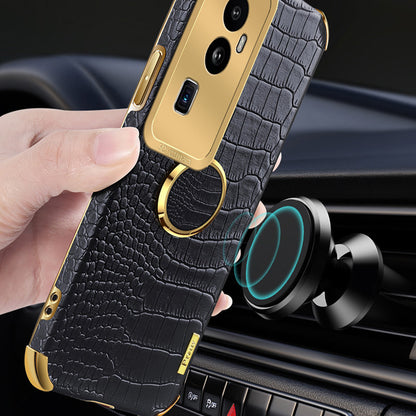 For Oppo Reno10 Pro+ 5G Crocodile Texture Ring Kickstand Phone Case 6D Electroplated Leather+TPU Cover