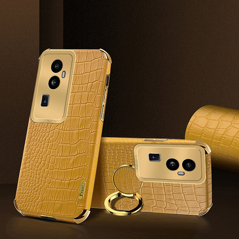 For Oppo Reno10 Pro+ 5G Crocodile Texture Ring Kickstand Phone Case 6D Electroplated Leather+TPU Cover