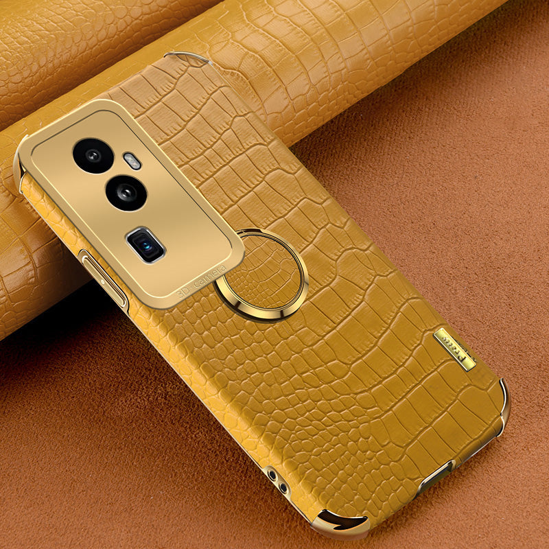 For Oppo Reno10 Pro+ 5G Crocodile Texture Ring Kickstand Phone Case 6D Electroplated Leather+TPU Cover