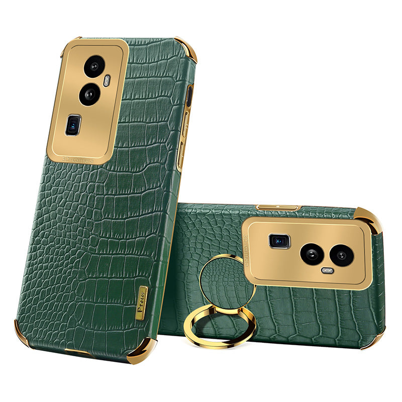 For Oppo Reno10 Pro+ 5G Crocodile Texture Ring Kickstand Phone Case 6D Electroplated Leather+TPU Cover