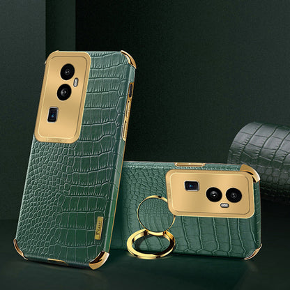 For Oppo Reno10 Pro+ 5G Crocodile Texture Ring Kickstand Phone Case 6D Electroplated Leather+TPU Cover
