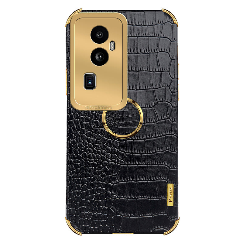 For Oppo Reno10 Pro+ 5G Crocodile Texture Ring Kickstand Phone Case 6D Electroplated Leather+TPU Cover