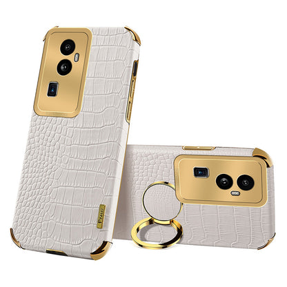 For Oppo Reno10 Pro+ 5G Crocodile Texture Ring Kickstand Phone Case 6D Electroplated Leather+TPU Cover