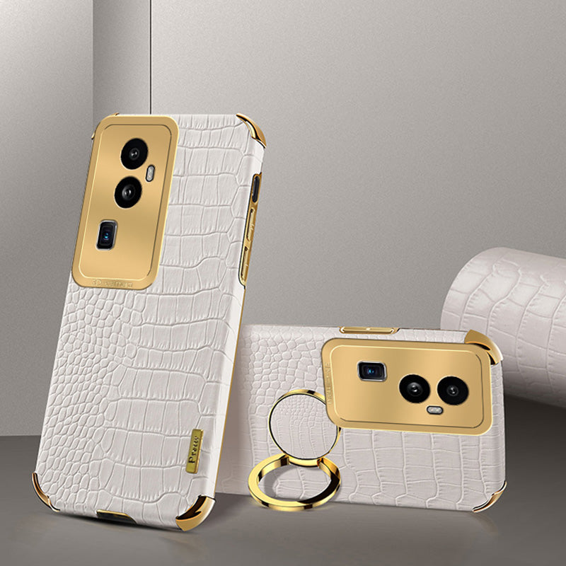 For Oppo Reno10 Pro+ 5G Crocodile Texture Ring Kickstand Phone Case 6D Electroplated Leather+TPU Cover