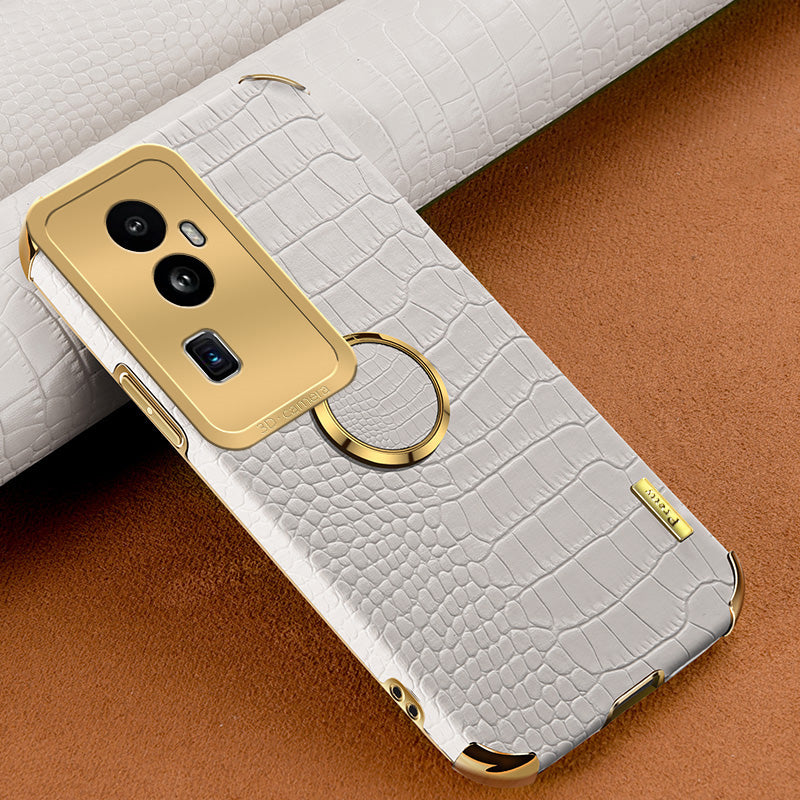 For Oppo Reno10 Pro+ 5G Crocodile Texture Ring Kickstand Phone Case 6D Electroplated Leather+TPU Cover