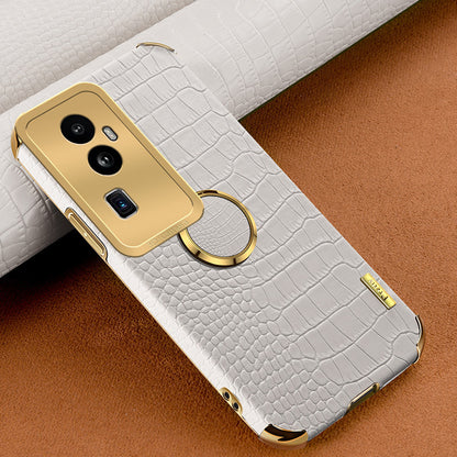 For Oppo Reno10 Pro+ 5G Crocodile Texture Ring Kickstand Phone Case 6D Electroplated Leather+TPU Cover