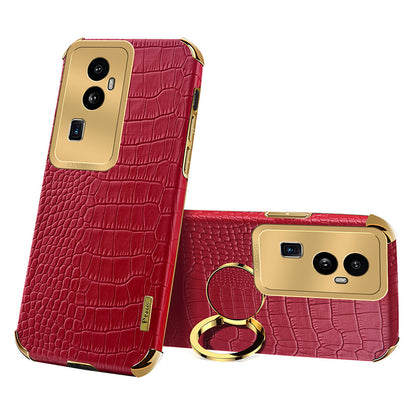 For Oppo Reno10 Pro+ 5G Crocodile Texture Ring Kickstand Phone Case 6D Electroplated Leather+TPU Cover