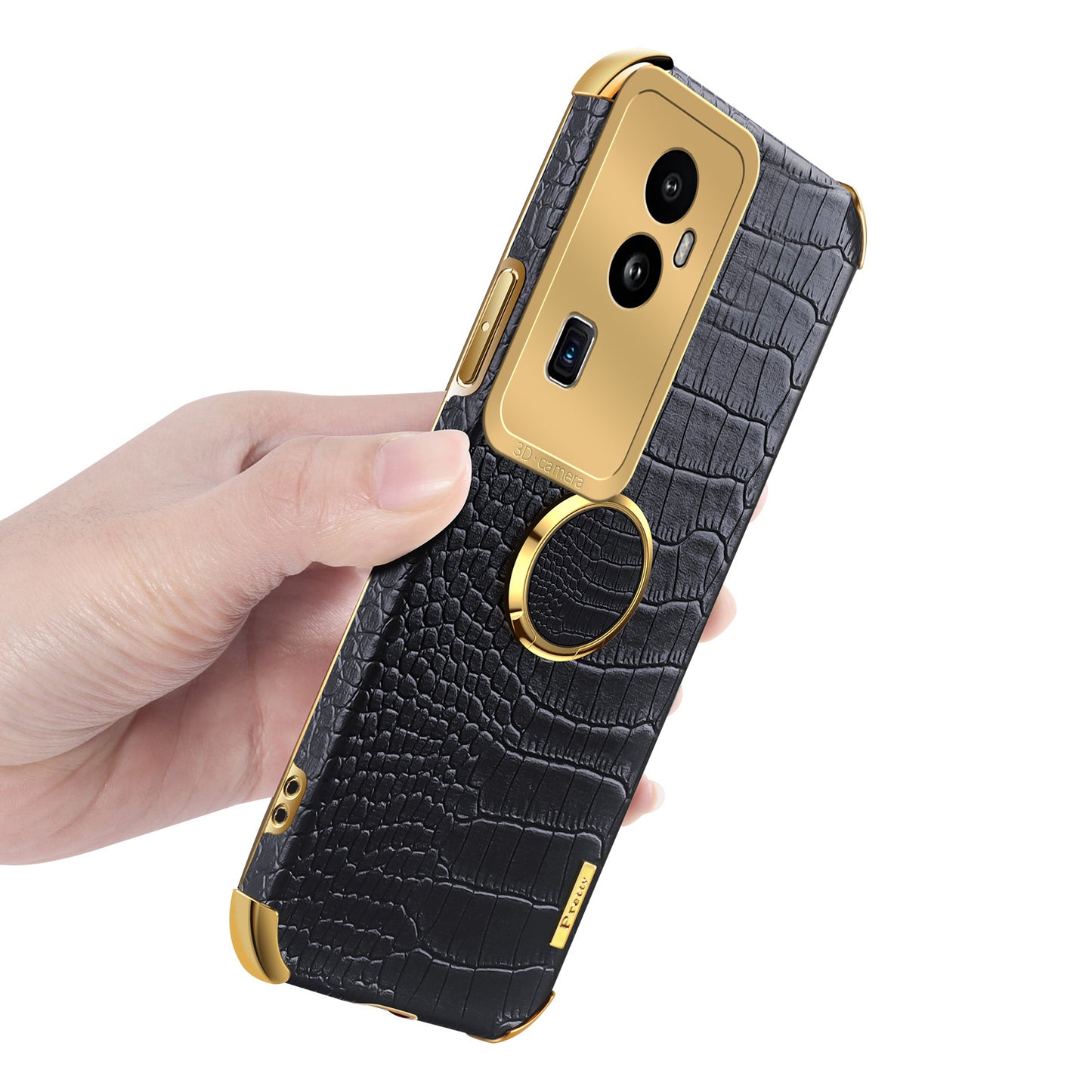 For Oppo Reno10 Pro+ 5G Crocodile Texture Ring Kickstand Phone Case 6D Electroplated Leather+TPU Cover