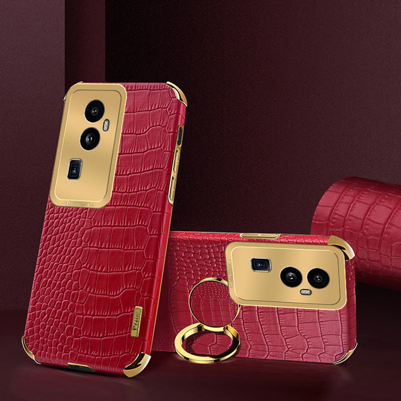 For Oppo Reno10 Pro+ 5G Crocodile Texture Ring Kickstand Phone Case 6D Electroplated Leather+TPU Cover