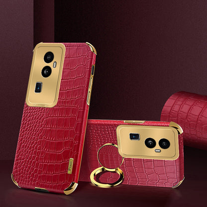 For Oppo Reno10 Pro+ 5G Crocodile Texture Ring Kickstand Phone Case 6D Electroplated Leather+TPU Cover