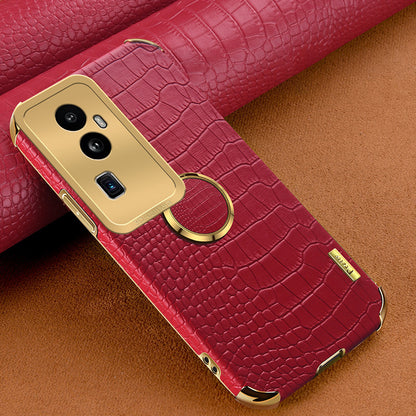For Oppo Reno10 Pro+ 5G Crocodile Texture Ring Kickstand Phone Case 6D Electroplated Leather+TPU Cover