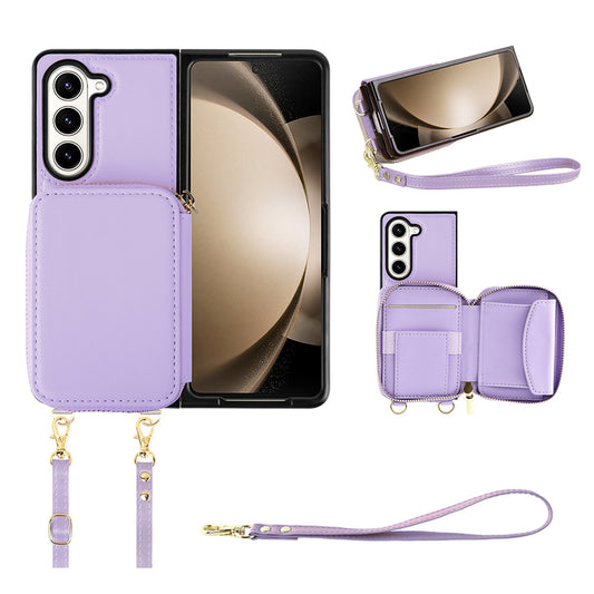 RFID Blocking Wallet Phone Case for Samsung Galaxy Z Fold5 5G , PU Leather + TPU Kickstand Case with Long  /  Short Strap
