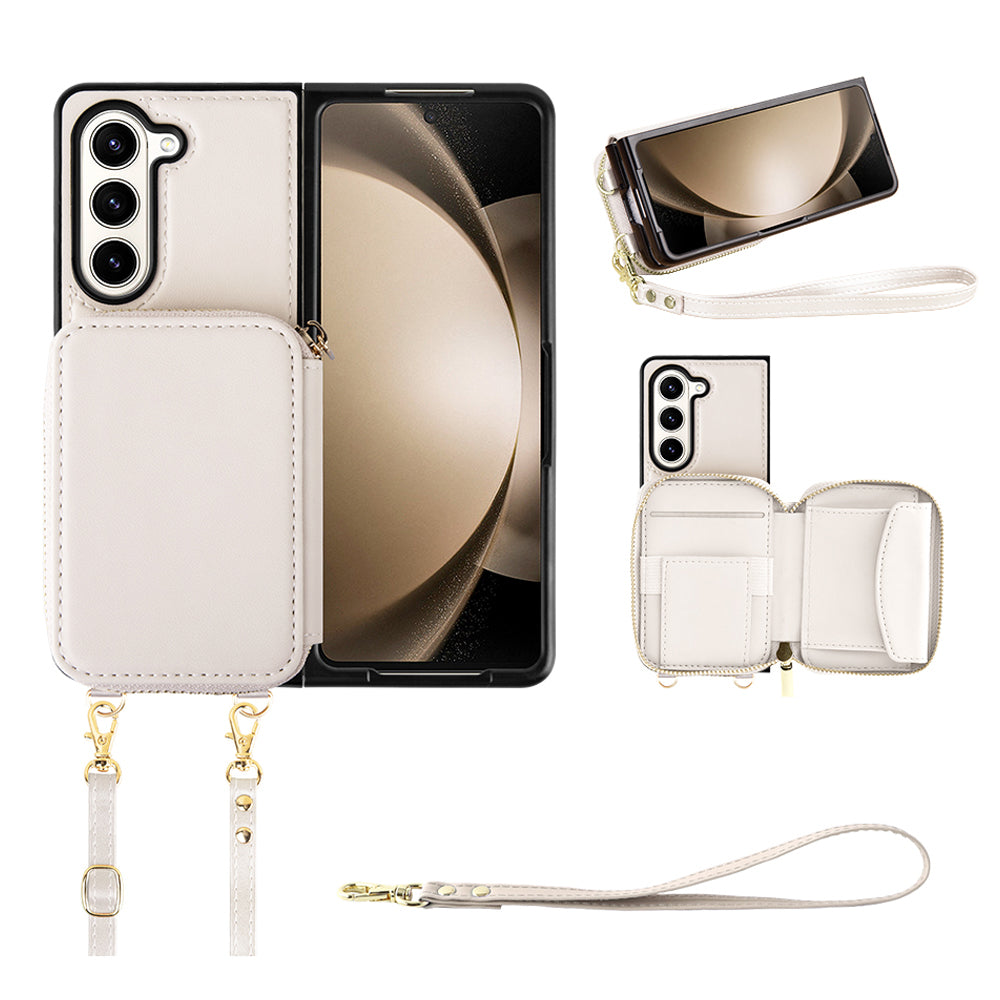 RFID Blocking Wallet Phone Case for Samsung Galaxy Z Fold5 5G , PU Leather + TPU Kickstand Case with Long  /  Short Strap