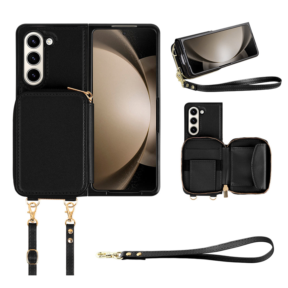 RFID Blocking Wallet Phone Case for Samsung Galaxy Z Fold5 5G , PU Leather + TPU Kickstand Case with Long  /  Short Strap
