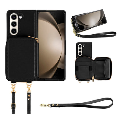 RFID Blocking Wallet Phone Case for Samsung Galaxy Z Fold5 5G , PU Leather + TPU Kickstand Case with Long  /  Short Strap