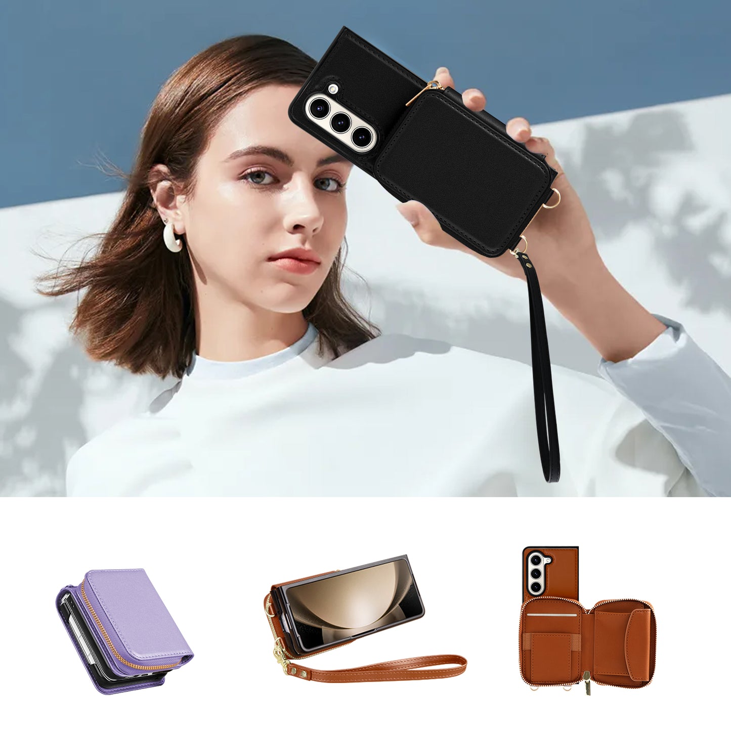 RFID Blocking Wallet Phone Case for Samsung Galaxy Z Fold5 5G , PU Leather + TPU Kickstand Case with Long  /  Short Strap