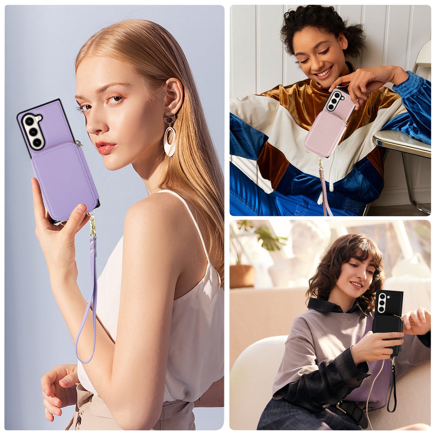 RFID Blocking Wallet Phone Case for Samsung Galaxy Z Fold5 5G , PU Leather + TPU Kickstand Case with Long  /  Short Strap