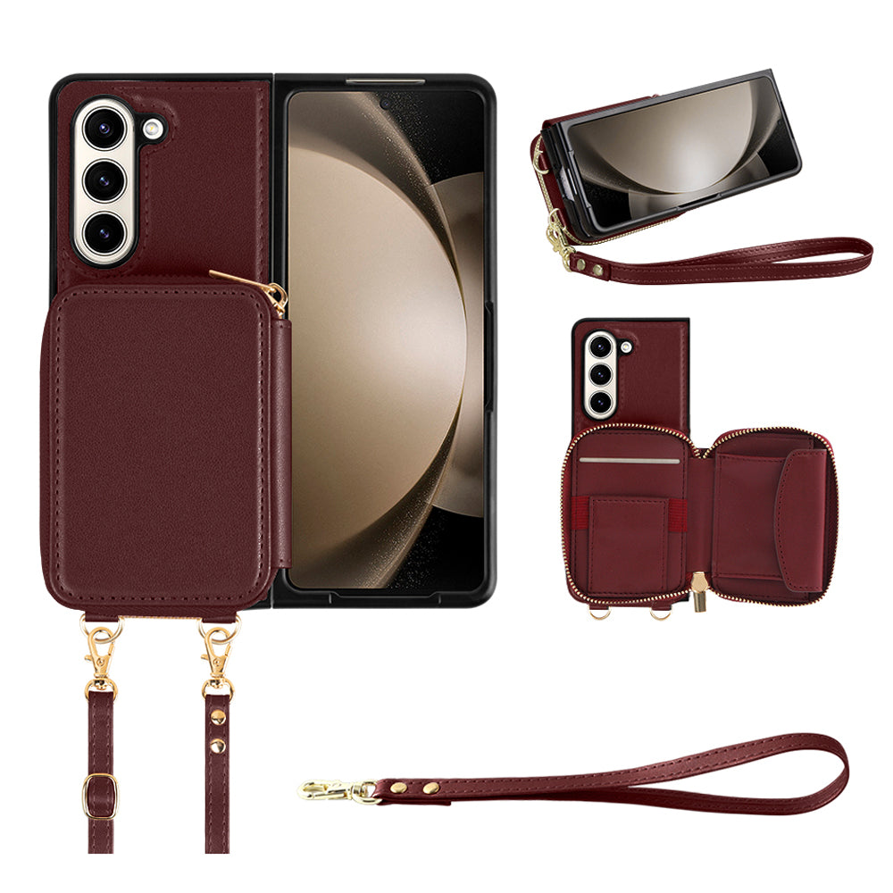 RFID Blocking Wallet Phone Case for Samsung Galaxy Z Fold5 5G , PU Leather + TPU Kickstand Case with Long  /  Short Strap