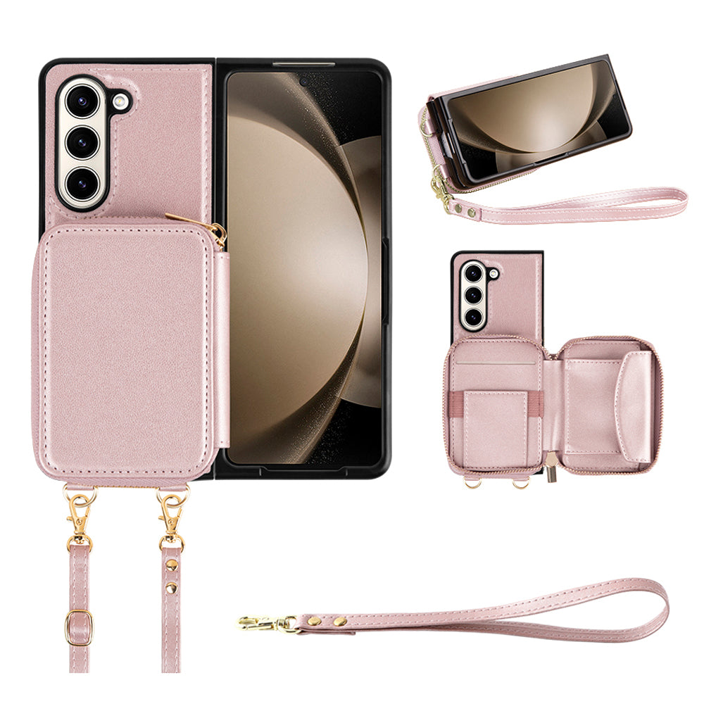 RFID Blocking Wallet Phone Case for Samsung Galaxy Z Fold5 5G , PU Leather + TPU Kickstand Case with Long  /  Short Strap