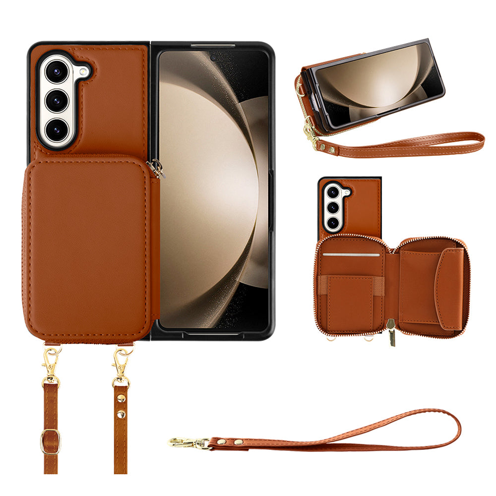 RFID Blocking Wallet Phone Case for Samsung Galaxy Z Fold5 5G , PU Leather + TPU Kickstand Case with Long  /  Short Strap