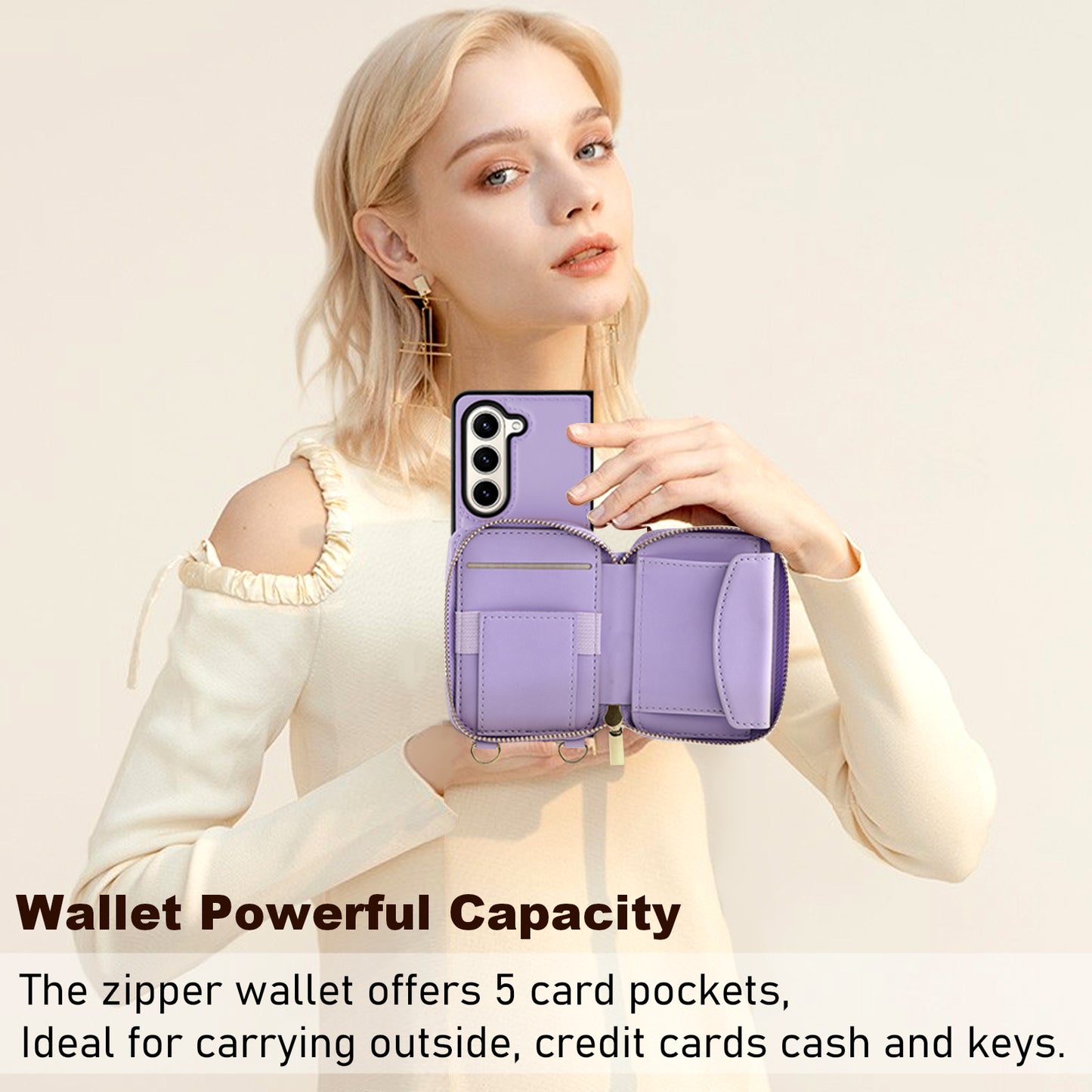 RFID Blocking Wallet Phone Case for Samsung Galaxy Z Fold5 5G , PU Leather + TPU Kickstand Case with Long  /  Short Strap