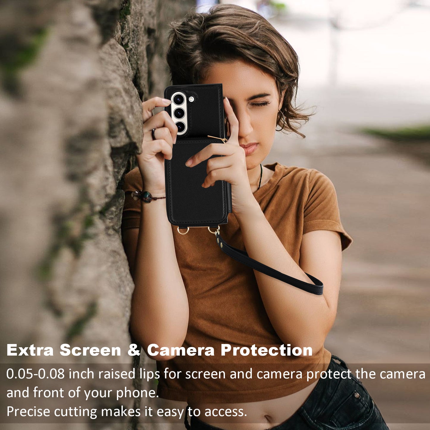 RFID Blocking Wallet Phone Case for Samsung Galaxy Z Fold5 5G , PU Leather + TPU Kickstand Case with Long  /  Short Strap