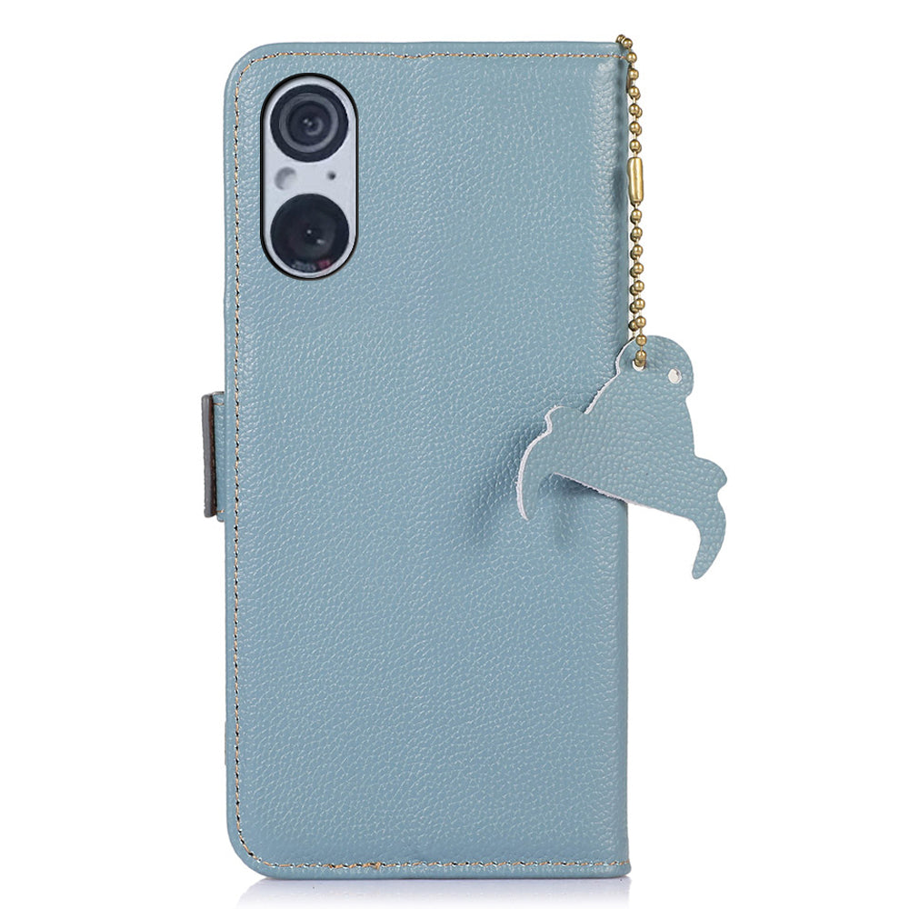 RFID Blocking Shell for Sony Xperia 5 V , Litchi Texture Genuine Cow Leather Phone Case Wallet Stand Cover