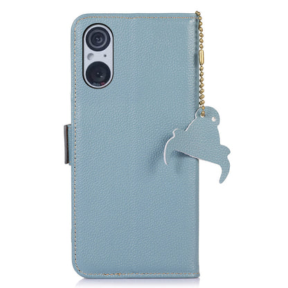 RFID Blocking Shell for Sony Xperia 5 V , Litchi Texture Genuine Cow Leather Phone Case Wallet Stand Cover
