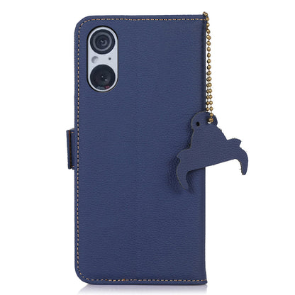 RFID Blocking Shell for Sony Xperia 5 V , Litchi Texture Genuine Cow Leather Phone Case Wallet Stand Cover