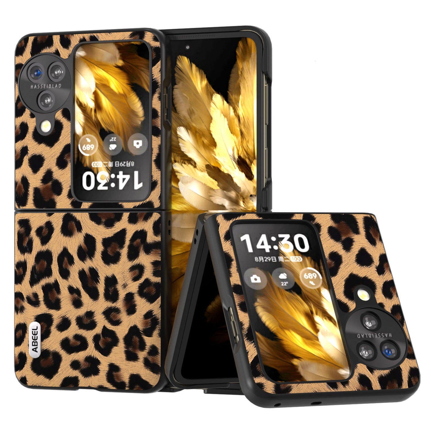 ABEEL For Oppo Find N3 Flip Leopard Pattern Phone Case PU Leather+PC Shockproof Cover