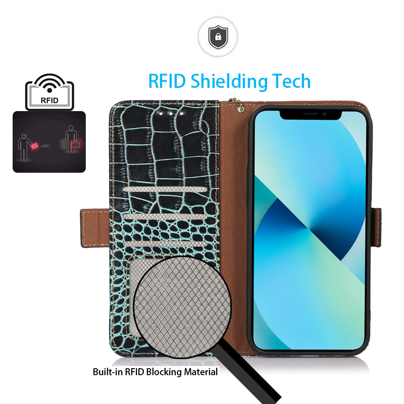 RFID Blocking Wallet Case for Motorola Moto G14 4G , Genuine Cow Leather Phone Cover with Stand