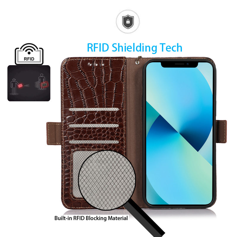 RFID Blocking Wallet Case for Motorola Moto G14 4G , Genuine Cow Leather Phone Cover with Stand