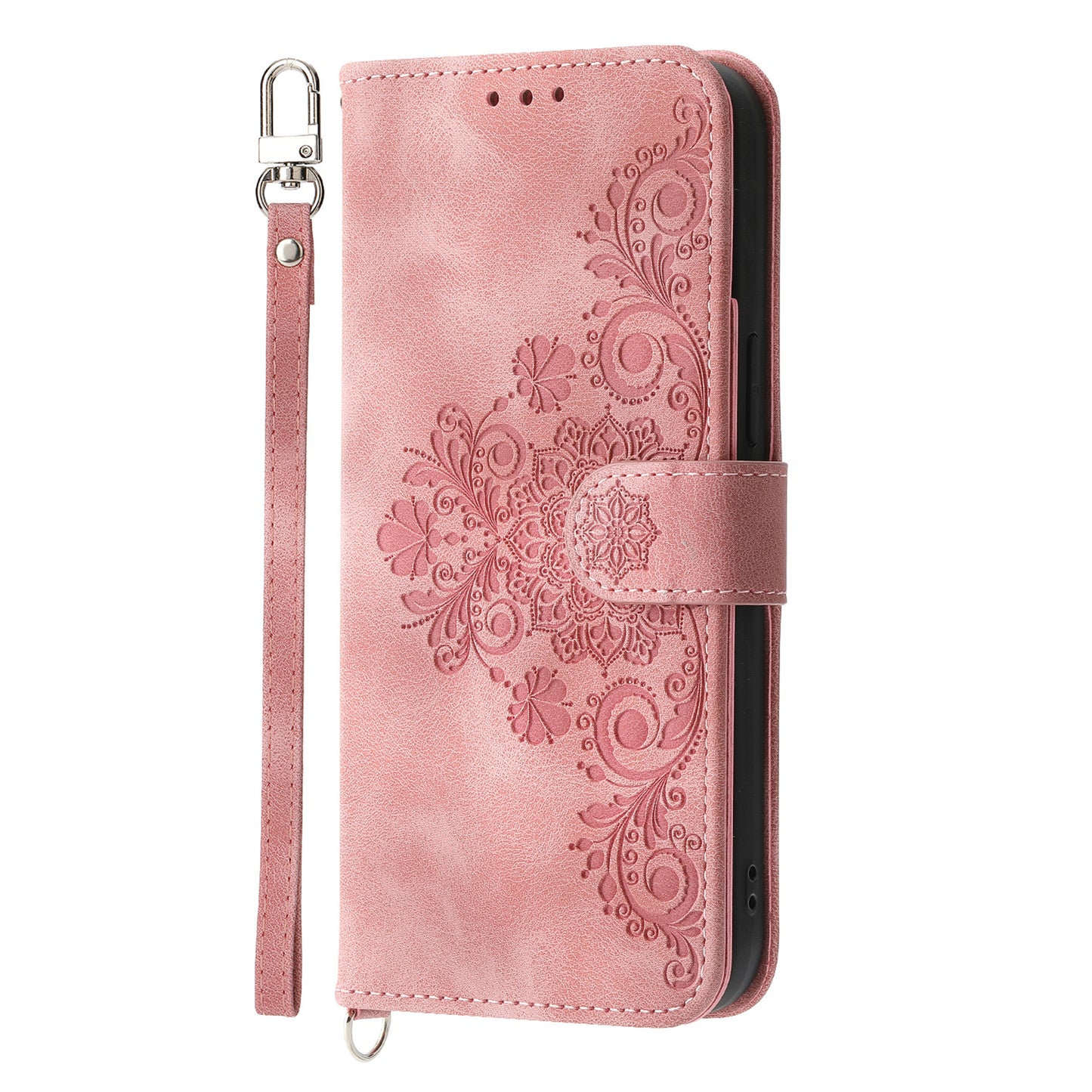 For Huawei Mate 60 Stand Wallet Phone Case PU Leather Imprinted Flower Phone Cover with Wrist Strap + Shoulder Strap
