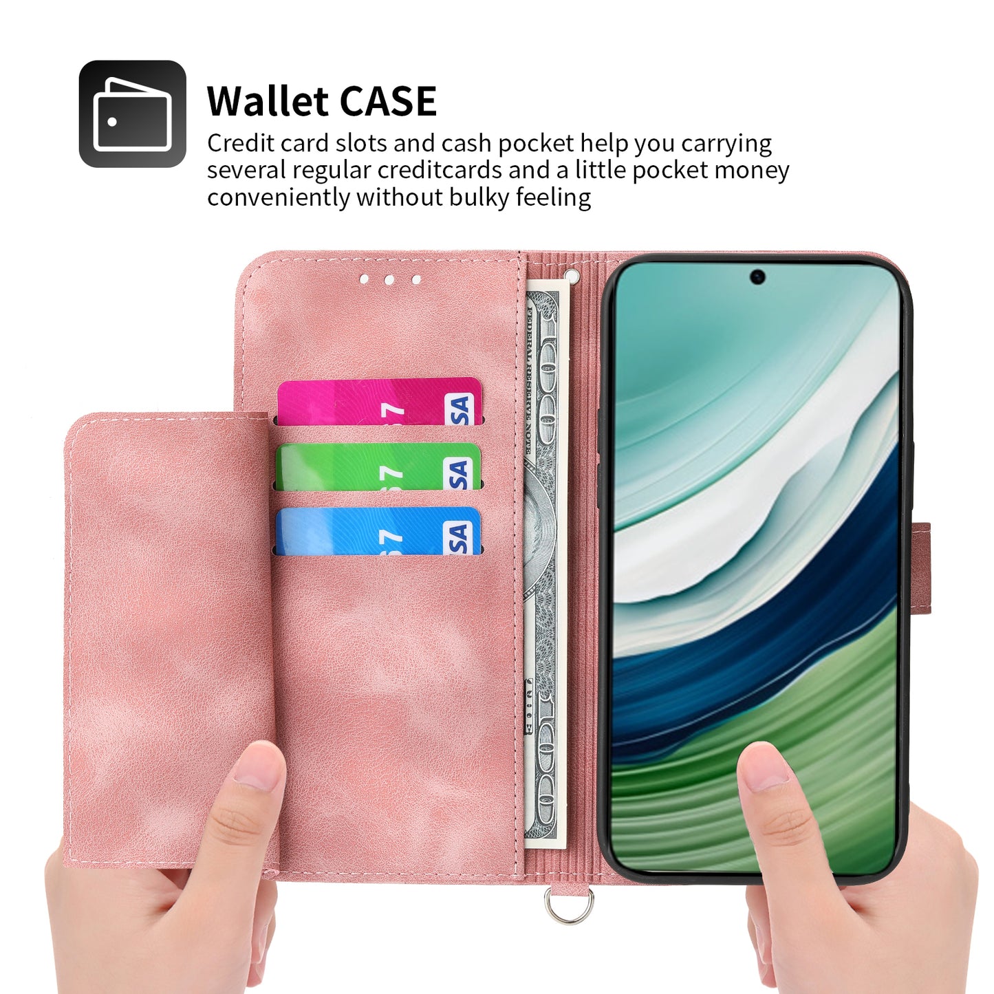 For Huawei Mate 60 Stand Wallet Phone Case PU Leather Imprinted Flower Phone Cover with Wrist Strap + Shoulder Strap