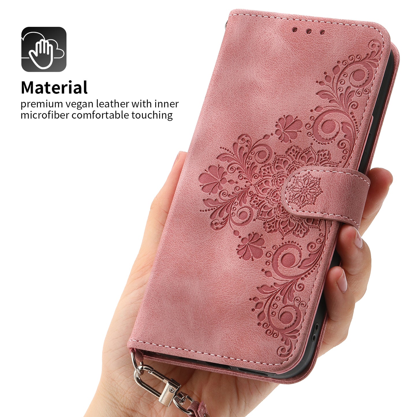 For Huawei Mate 60 Stand Wallet Phone Case PU Leather Imprinted Flower Phone Cover with Wrist Strap + Shoulder Strap