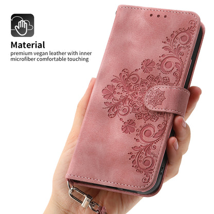 For Huawei Mate 60 Stand Wallet Phone Case PU Leather Imprinted Flower Phone Cover with Wrist Strap + Shoulder Strap