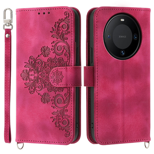 For Huawei Mate 60 Stand Wallet Phone Case PU Leather Imprinted Flower Phone Cover with Wrist Strap + Shoulder Strap
