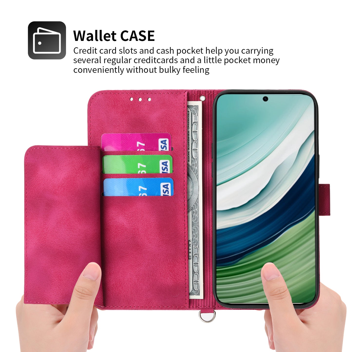 For Huawei Mate 60 Stand Wallet Phone Case PU Leather Imprinted Flower Phone Cover with Wrist Strap + Shoulder Strap