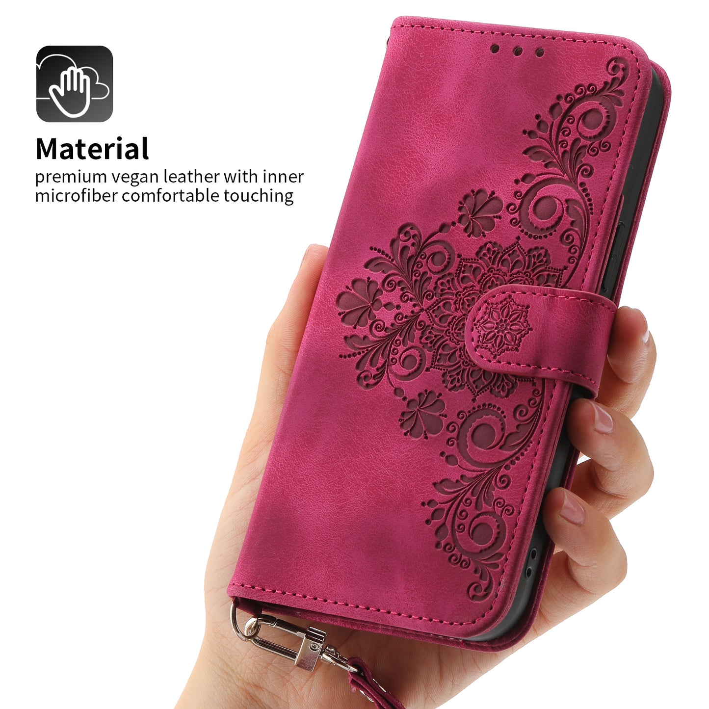 For Huawei Mate 60 Stand Wallet Phone Case PU Leather Imprinted Flower Phone Cover with Wrist Strap + Shoulder Strap