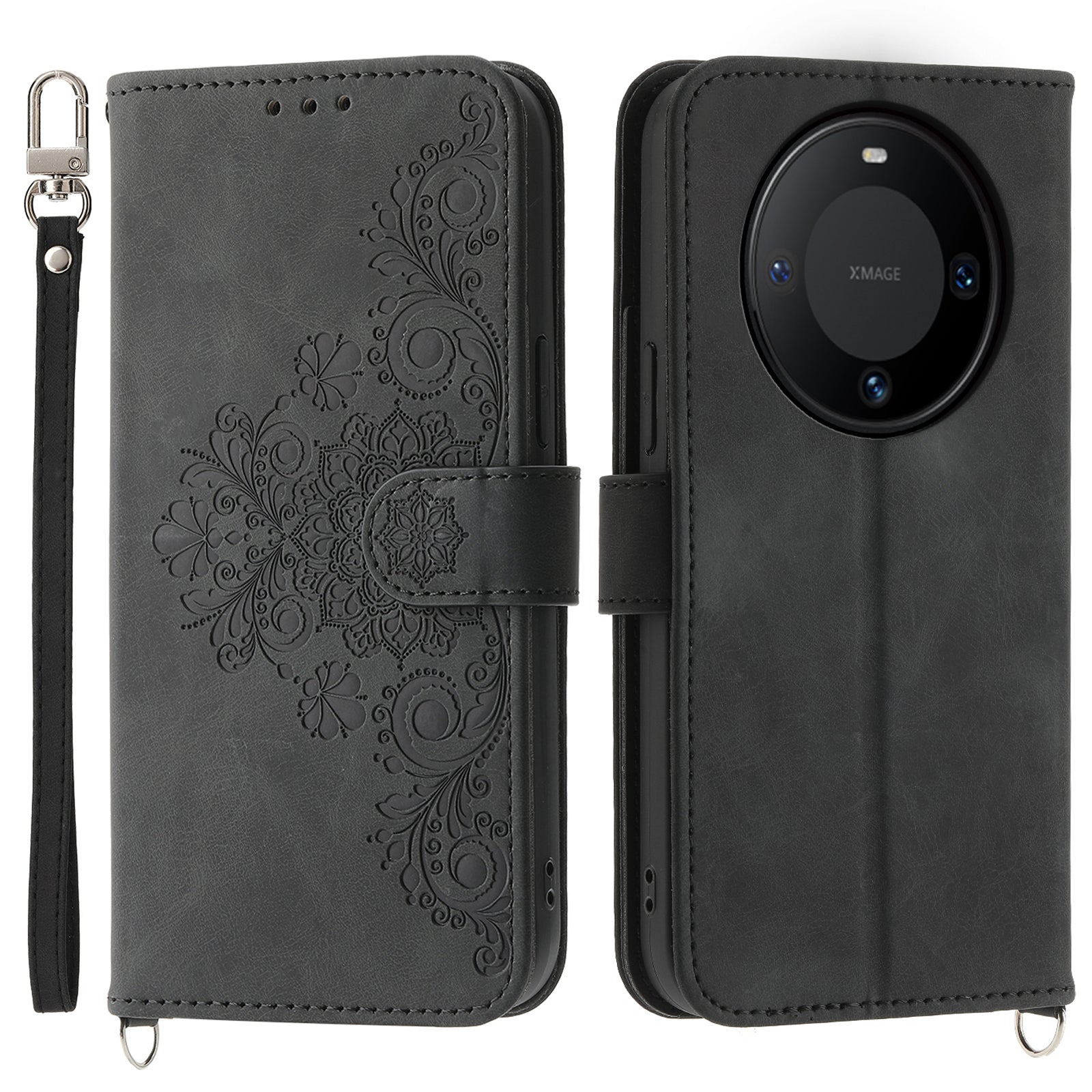 For Huawei Mate 60 Stand Wallet Phone Case PU Leather Imprinted Flower Phone Cover with Wrist Strap + Shoulder Strap