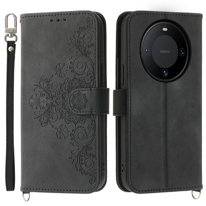 For Huawei Mate 60 Stand Wallet Phone Case PU Leather Imprinted Flower Phone Cover with Wrist Strap + Shoulder Strap