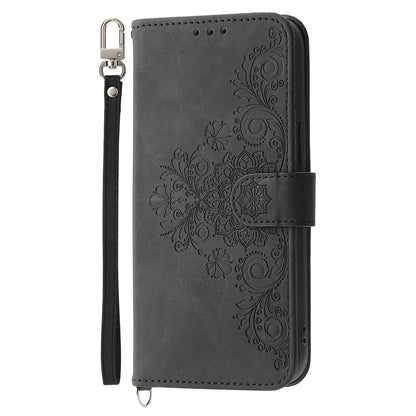 For Huawei Mate 60 Stand Wallet Phone Case PU Leather Imprinted Flower Phone Cover with Wrist Strap + Shoulder Strap