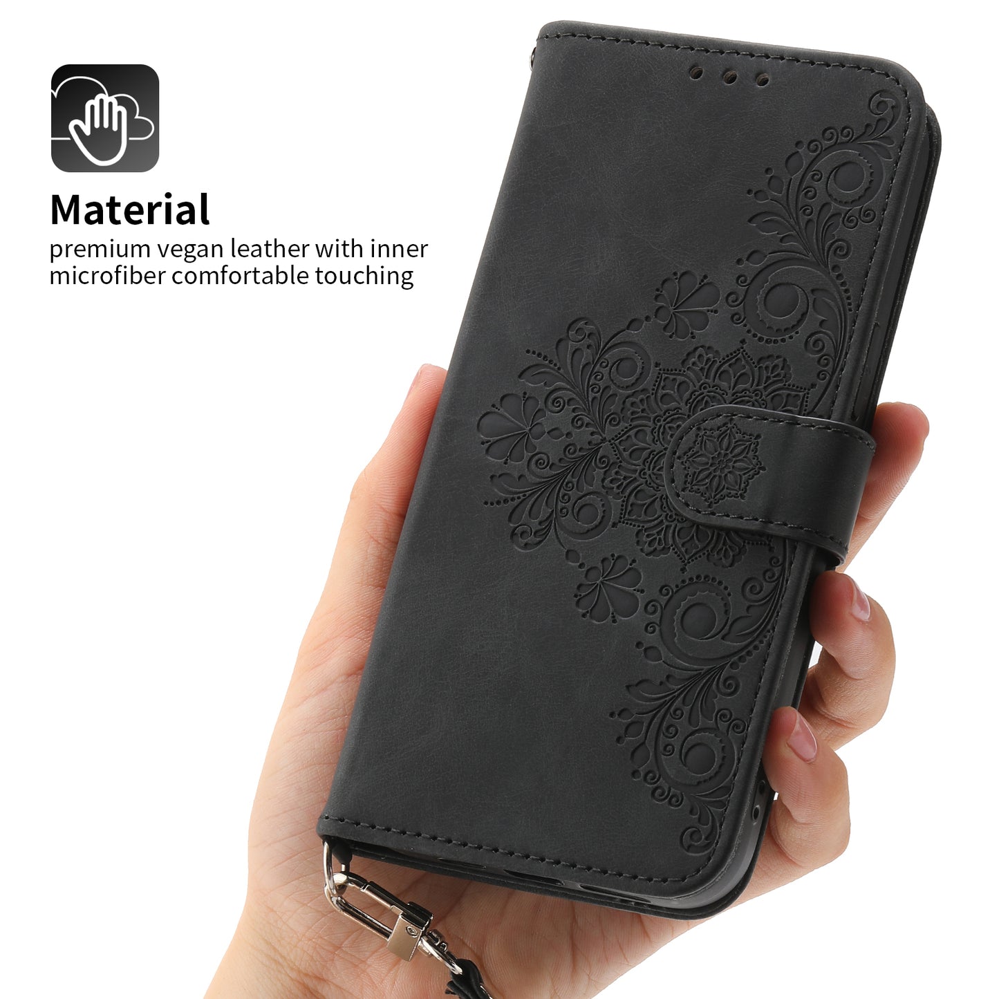 For Huawei Mate 60 Stand Wallet Phone Case PU Leather Imprinted Flower Phone Cover with Wrist Strap + Shoulder Strap
