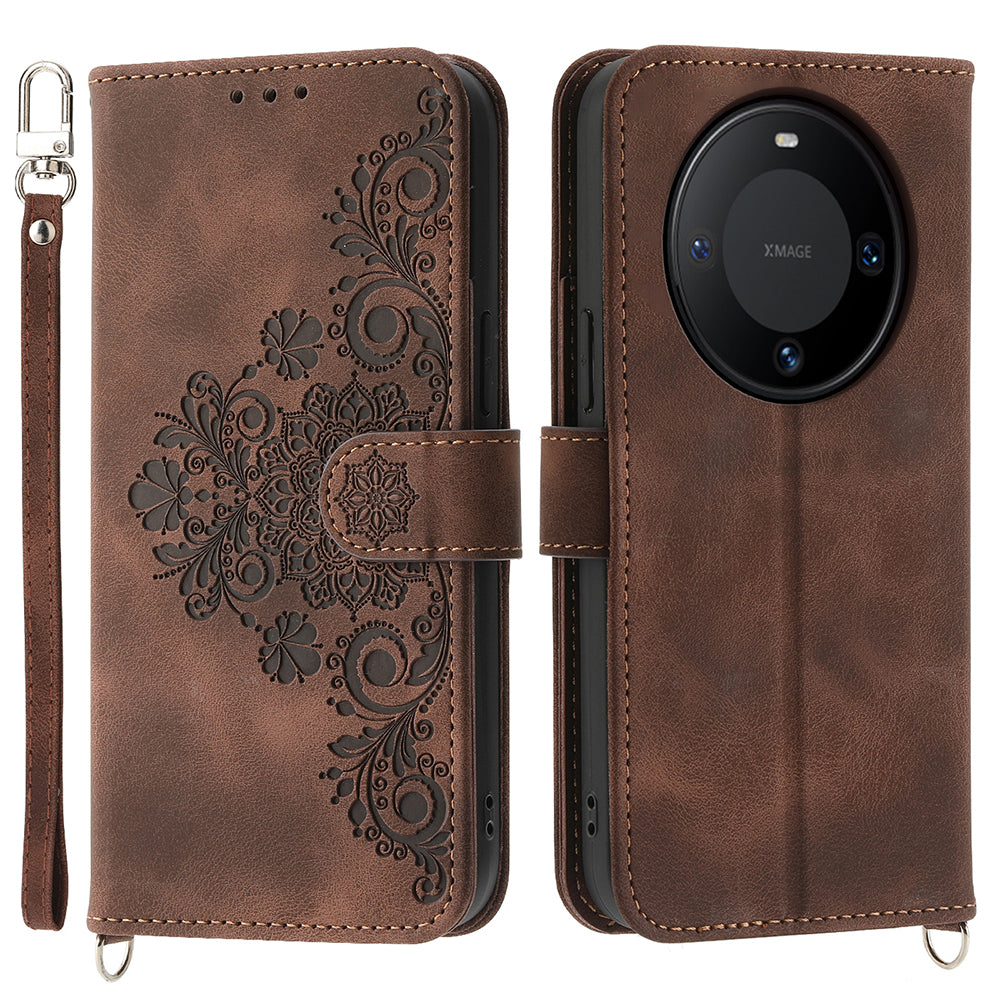 For Huawei Mate 60 Stand Wallet Phone Case PU Leather Imprinted Flower Phone Cover with Wrist Strap + Shoulder Strap