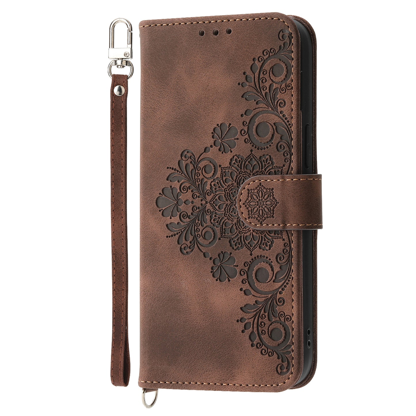 For Huawei Mate 60 Stand Wallet Phone Case PU Leather Imprinted Flower Phone Cover with Wrist Strap + Shoulder Strap