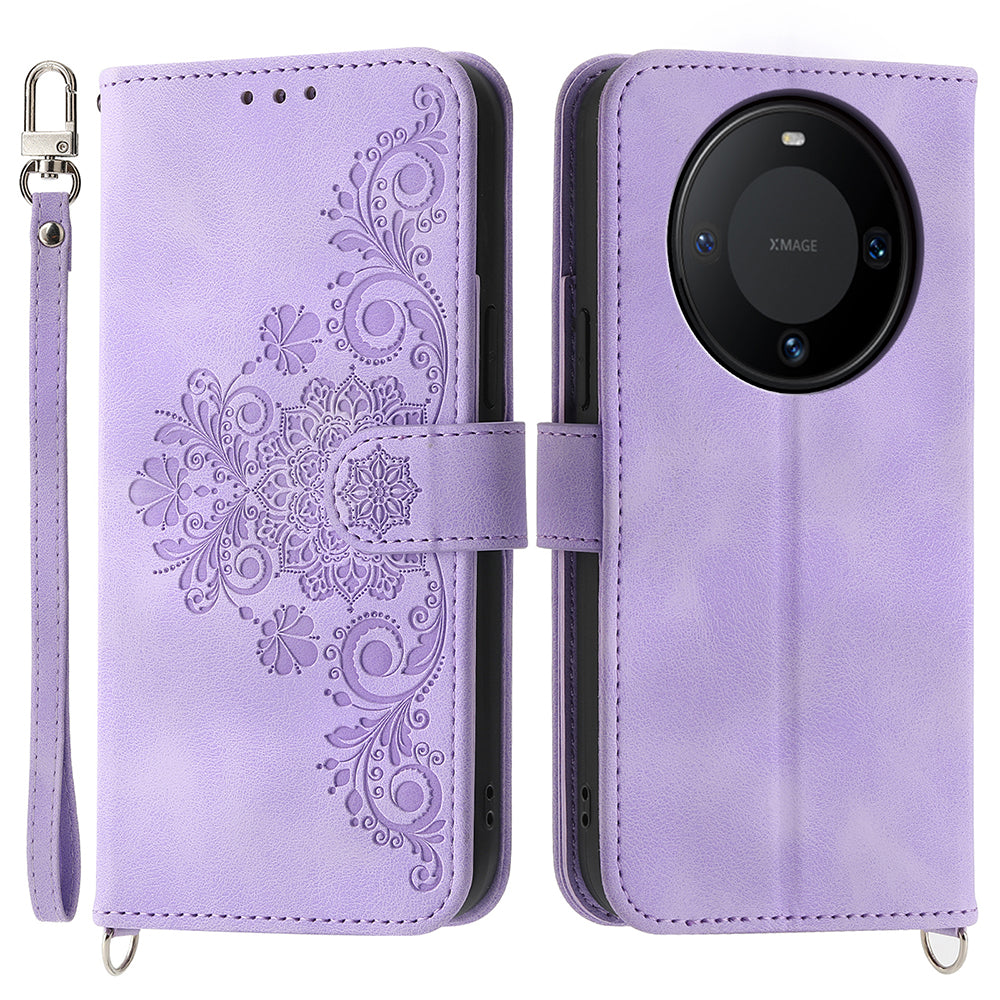 For Huawei Mate 60 Stand Wallet Phone Case PU Leather Imprinted Flower Phone Cover with Wrist Strap + Shoulder Strap