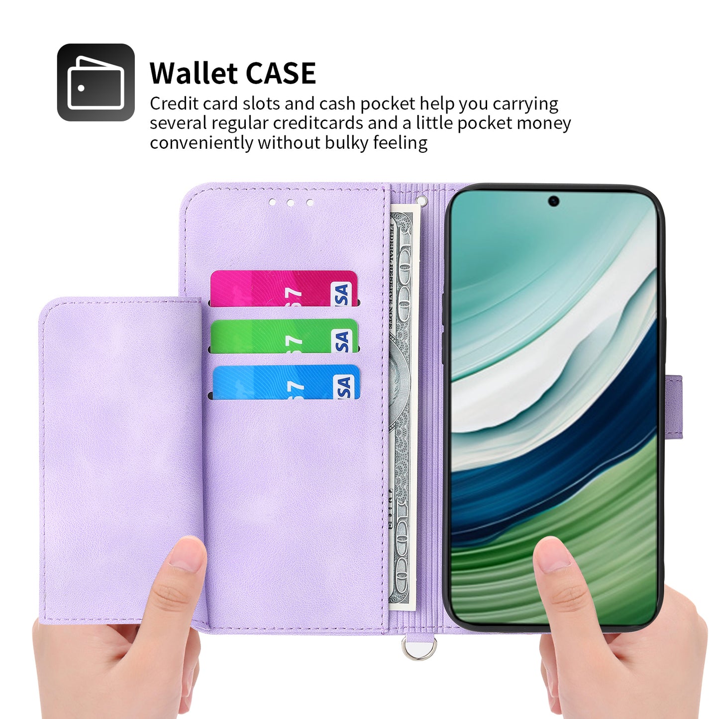 For Huawei Mate 60 Stand Wallet Phone Case PU Leather Imprinted Flower Phone Cover with Wrist Strap + Shoulder Strap